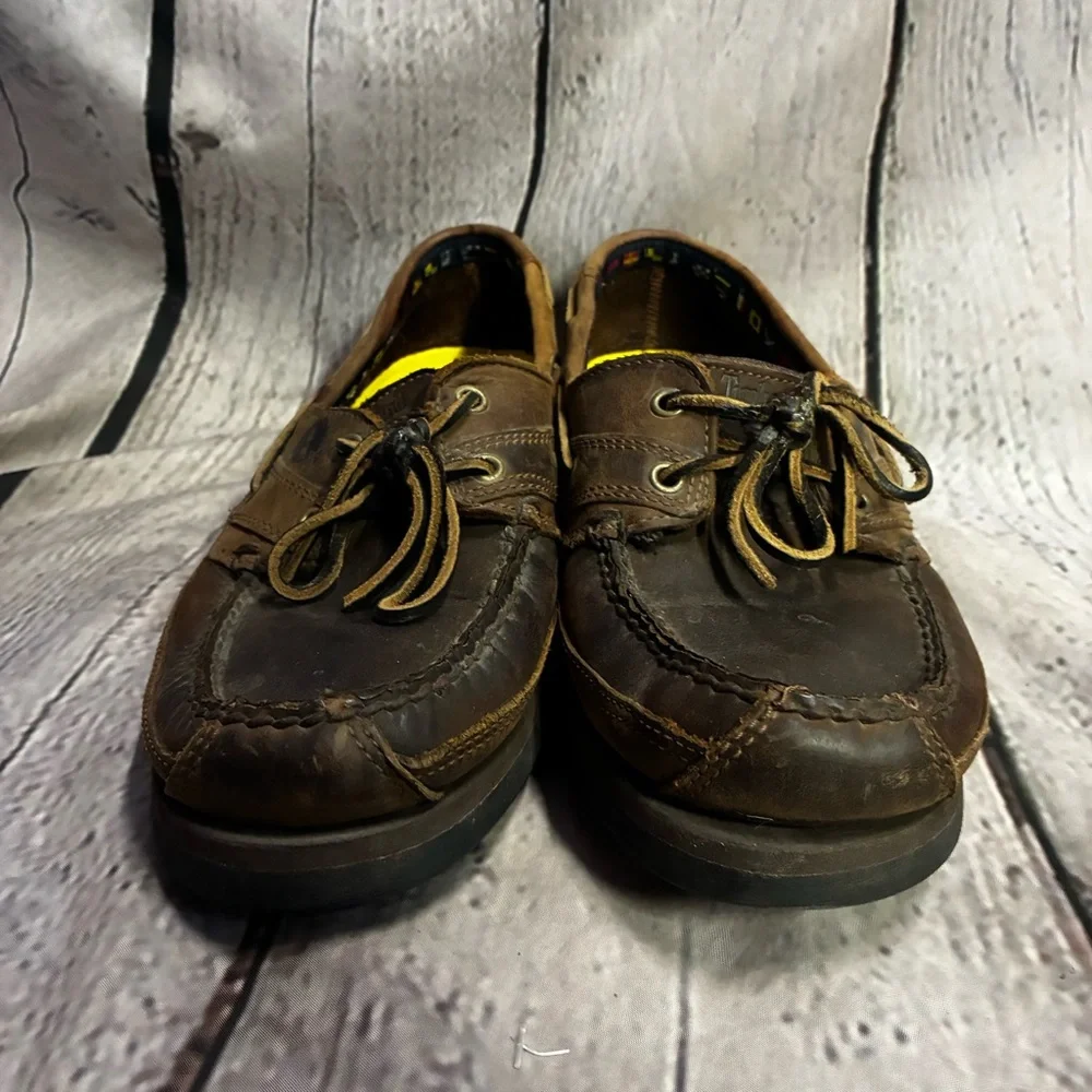 Timberland Brown Leather Slip On Preppy Loafer Nautical Boat Shoe‎ Casual Sz 8W